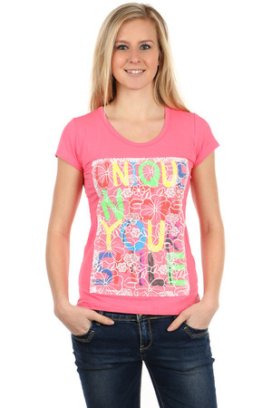 Damski t-shirt z okrągłym dekoltem i krótkim rękawem. Na przedniej części koszulki kolorowy napis prześwitujący spod