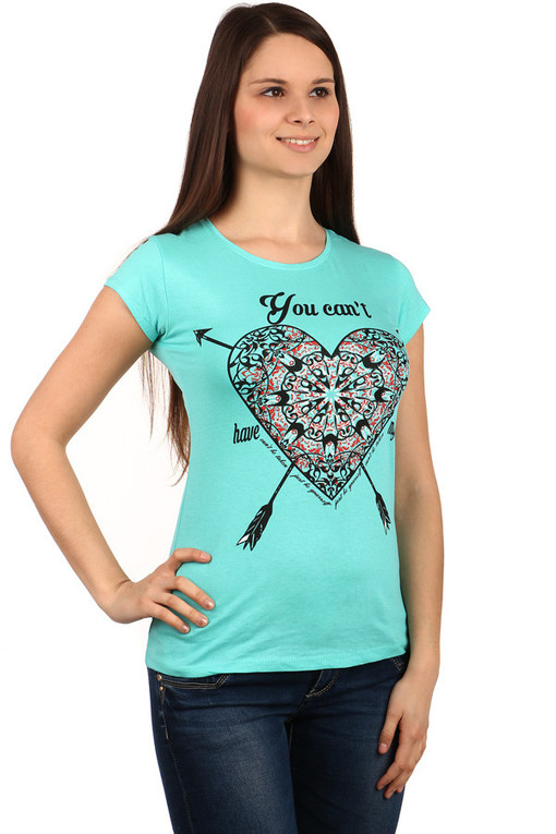 Damski bawełniany t-shirt z nadrukiem serca i krótkim rękawem