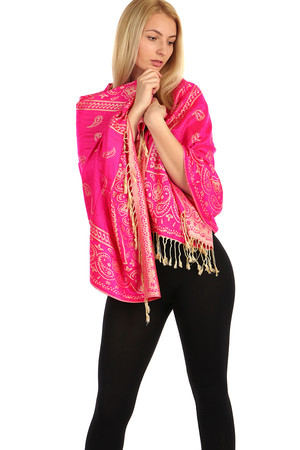 Długa pashmina z orientalnym wzorem. Różne sposoby noszenia. Duży wybór kolorów. 50% wełna, 50% wiskoza.