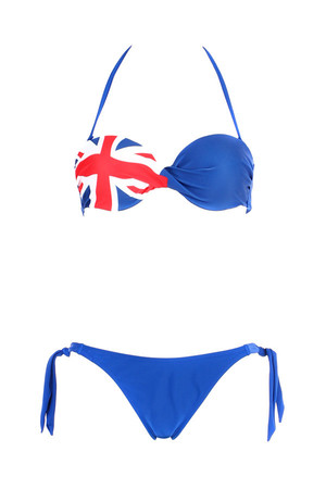 Damski dwuczęściowy kostium kąpielowy - niebieski z flagą brytyjską. Wiązanie na szyi i plecach. Miseczki na fiszbinach