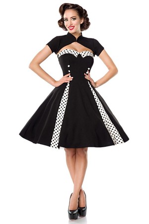 Damska sukienka w stylu retro z bolerkiem bez rękawów dekolt typu sweetheart z kołnierzykiem w kropki ozdobne czarne