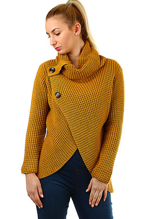 Dzianinowy sweter damski z guzikami dłuższy fason wrap look z przodu symetryczne rozcięcie w dolnej części przodu