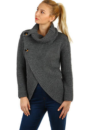 Dzianinowy sweter damski z guzikami dłuższy fason wrap look z przodu symetryczne rozcięcie w dolnej części przodu