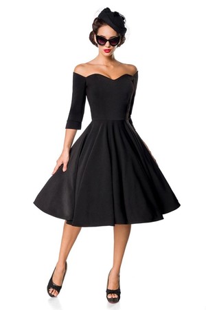Elegancka czarna sukienka wizytowa styl retro rękaw 3/4 V-neckline Carmen ozdobny pasek, który można zdjąć okrągła