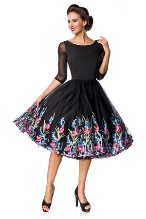 Czarna suknia wieczorowa z tiulową, haftowaną spódnicą okrągły dekolt Rękawy 3/4 z siatki warstwowa spódnica z koła