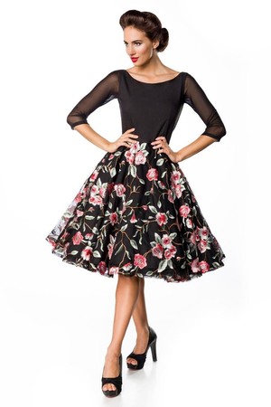 Czarna luksusowa sukienka z tiulową haftowaną spódnicą okrągły dekolt Rękawy 3/4 z siatki warstwowa spódnica z koła