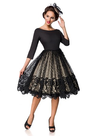 Wieczorowa sukienka damska z koronki luksusowy wygląd styl retro dekolt w łódkę rękaw 3/4 okrągła bogata spódnica w