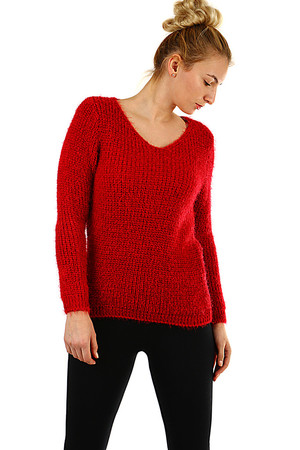 Damski przytulny sweter dzianina w jednolitym kolorze średniej długości bez zapięcia V-neck miękka, lekko puszysta
