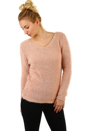 Damski przytulny sweter dzianina w jednolitym kolorze średniej długości bez zapięcia V-neck miękka, lekko puszysta