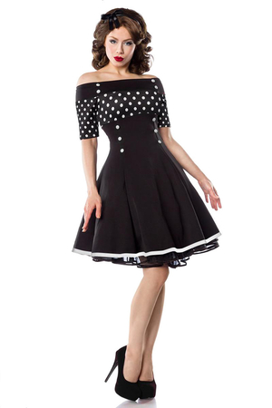 Sukienka damska retro z odkrytymi ramionami czarny z białymi kropkami na górze i krótkim rękawem dekolt typu Carmen
