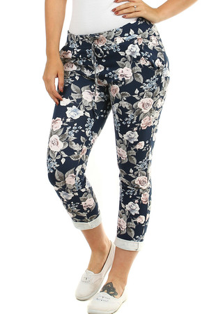 Damskie bawełniane spodnie 7/8 z różami skrócona długość nogi w kolorze ciemnoniebieskim z kolorowym nadrukiem w
