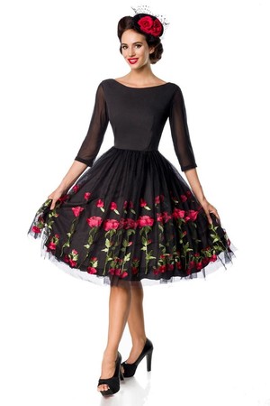 Vintage damska czarna luksusowa sukienka z haftem różanym dekolt w łódkę rękawy 3/4 z siatki warstwowa bogata spódnica