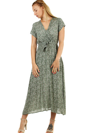 Długa letnia sukienka damska z kwiatowym wzorem w romantycznym stylu retro krótkie rękawy wyższa talia z gumką, aby