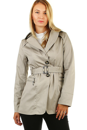 Krótki płaszcz damski - trencz z jednym rzędem guzików na okres przejściowy lub łagodną zimę dwie kieszenie wcięte z