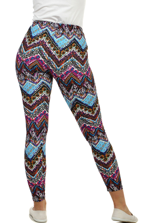 Niezwykłe eleganckie legginsy damskie z kolorowym geometrycznym wzorem. Wyższa siedziba elastyczny materiał wszyta guma w