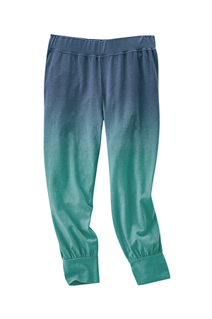 Kolorowe spodnie damskie 3/4 z bawełny organicznej i konopi niemieckiej marki HempAge. ciekawa kolorystyka gumowy mankiet