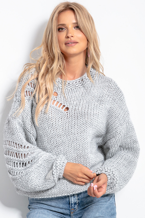 Sweter damski z efektownymi perforacjami interesujący szczegół monochromatyczny krótka długość długie rękawy rozmiar