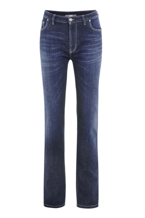 Damskie ciemne jeansy niemieckiej marki Living Crafts z bawełny organicznej pięć kieszeni szlufki na pasek dodatek