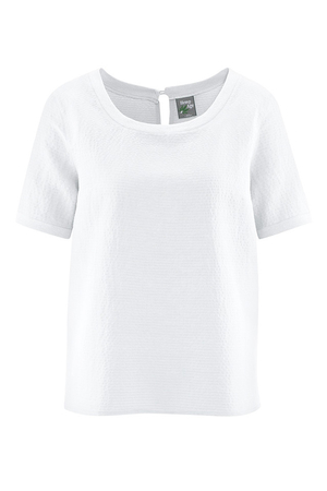 Naturalna, minimalistyczna bluzka z tkaniny strukturalnej z kolekcji zrównoważonej niemieckiej marki HempAge mieszanka