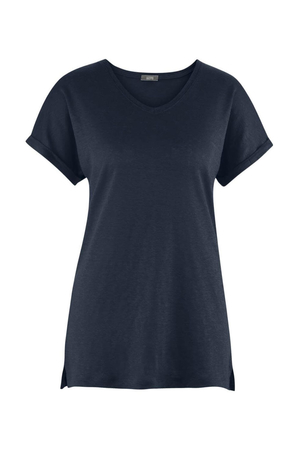 Fajny t-shirt damski z lnu od niemieckiego producenta Living Crafts krótkie rękawy bez szwu v-neck przewiewny krój małe