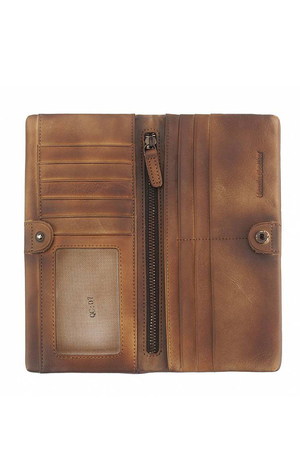 Oryginalny portfel damski o rustykalnym wyglądzie wykonane z matowej skóry może być noszony jako torebka zamknięcie na