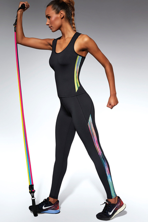 Damskie legginsy sportowe z kolorowym paskiem po bokach. wykonane z funkcjonalnego, oddychającego materiału ARCHROMA o