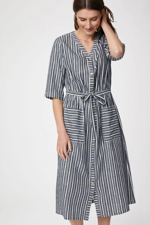 Wygodna damska sukienka Londyńska marka Thought zrównoważona moda z konopi i certyfikowanej bawełny z guzikami V-neckline