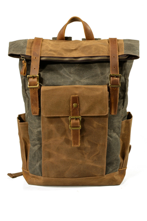 Canvas rolling large backpack with leather detailing modny retro design główna komora z zamknięciem na suwak i składana