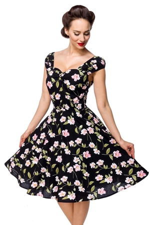 Kwiatowa sukienka damska marki Belsira wąskie falbaniaste rękawy głęboki dekolt z delikatnym drapowaniem ukryty zamek