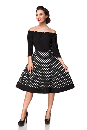 Damska sukienka pin-up niemieckiej marki Belsira styl retro karminowy dekolt z wszytą gumką trzy-czwarte rękawy ukryty