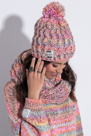 Komplet damski czapka zimowa i tunel z kolekcji Chunky Knit melanżowy wzór granatowy wzór dzianiny czapka z pomponem