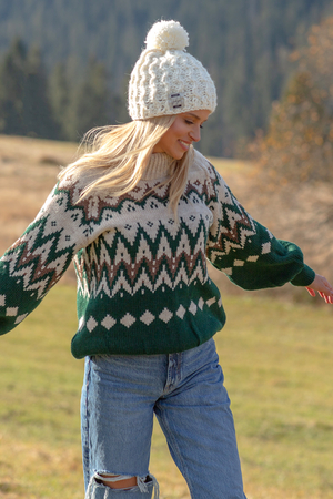 Przytulny, ciepły sweter w talii Norweski wzór z wygodną stójką raglanowe rękawy o szerszym kroju rękawy zakończone