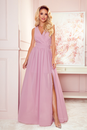 Długa elegancka sukienka monochromatyczna długość maxi szyfonowa spódnica z rozcięciem efekt sukienki kopertowej