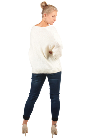 Damski sweter casual monochromatyczny wide V-neck długie rękawy wysokie elastyczne mankiety loose fit goes with trousers
