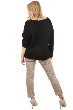 Damski sweter casual monochromatyczny wide V-neck długie rękawy wysokie elastyczne mankiety loose fit goes with trousers