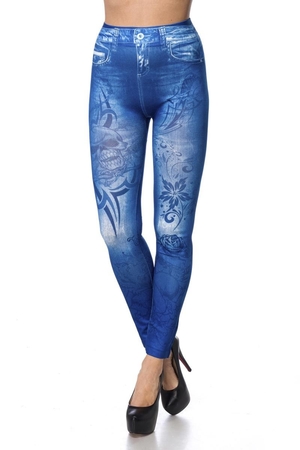 Legins in jeansowy look z punkowym i delikatnym motywem kwiatowym w długości do kostki elastyczna talia pełny nadruk