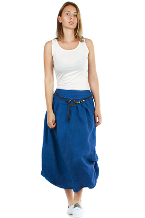 Damska spódnica z naturalnego lnu do noszenia na dwa sposoby z tyłu wszyta guma ułatwiająca ubieranie odpinany ozdobny