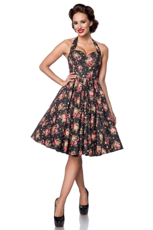Rockabilly sukienka w kwiaty gorset wiązanie z tyłu z wiązaniem na szyi zapięcie na suwak z boku spódnica o długości
