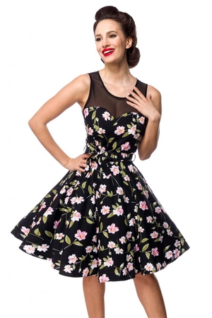 Kobieca sukienka z kwiatami w młodzieżowej pin-up style spódnica z koła spódnica do kolan wąska talia okrągły dekolt