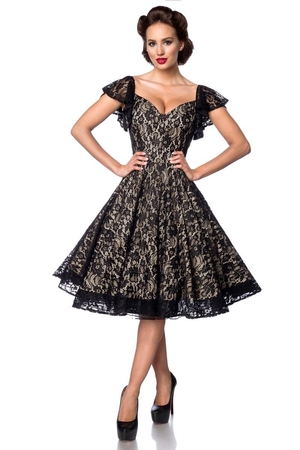 Kobieca koronkowa sukienka wizytowa od niemieckiej marki Belsira bawełna, kontrastowa podszewka czarna, bogata koronka