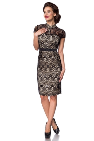 Koronkowa damska sukienka wizytowa typu sheath w popularnym retro stylu. luksusowy wygląd styl retro zapięcie pod szyję na