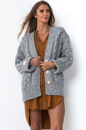 Damski sweter z charakterystycznym, dzianinowym wzorem z mieszanki wełny i alpaki monochromatyczny zapięcie na guziki