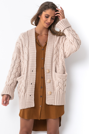 Damski sweter z charakterystycznym, dzianinowym wzorem z mieszanki wełny i alpaki monochromatyczny zapięcie na guziki