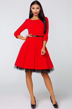 Koktajlowa sukienka ze spódnicą w kształcie litery A monochromatyczna rękawy 3/4 okrągły dekolt spódnica w kształcie