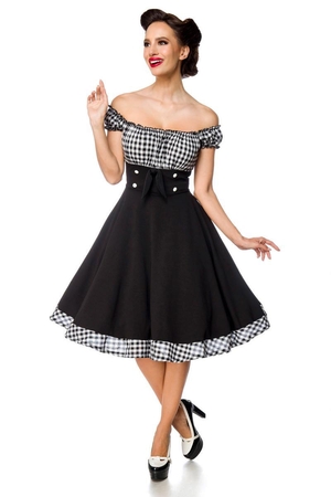 Czarno-biała sukienka łączona pin-up dress by Belsira brak zapięcia guma wokół dekoltu gorset w jednolitą kratę