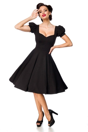 Kobieca czarna sukienka stworzona dla niemieckiej marki Belsira monochromatyczna krótkie rękawy z falbanką i mankietem