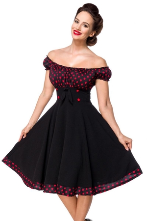 Kobieca sukienka z odkrytymi ramionami od niemieckiej marki Belsira bez zapięcia wszyta gumka wokół dekoltu szersza talia