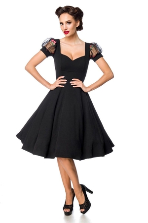 Kobieca czarna sukienka w stylu retro od niemieckiej marki Belsira monochromatyczna głęboki dekolt krótkie tiulowe rękawy