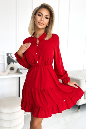Czerwona sukienka monochromatyczna niska stójka długie rękawy z gumką w nadgarstku elastyczna talia bez zapięcia bez