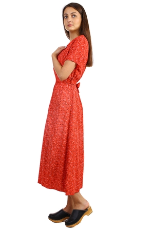 Długa letnia sukienka damska z kwiatowym wzorem w romantycznym stylu retro krótkie rękawy wyższa talia z gumką, aby